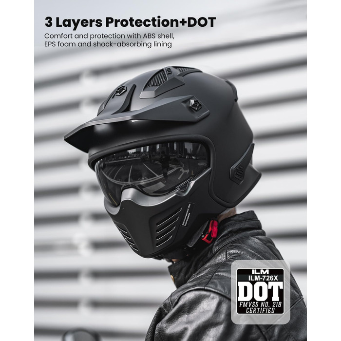 Мотошолом інтегральний IL Helmets 726X XL чорний матовий, ретро-вінтажний стиль, з візором, ECE сертифікат, для чоловіків та жінок, крос/ендуро