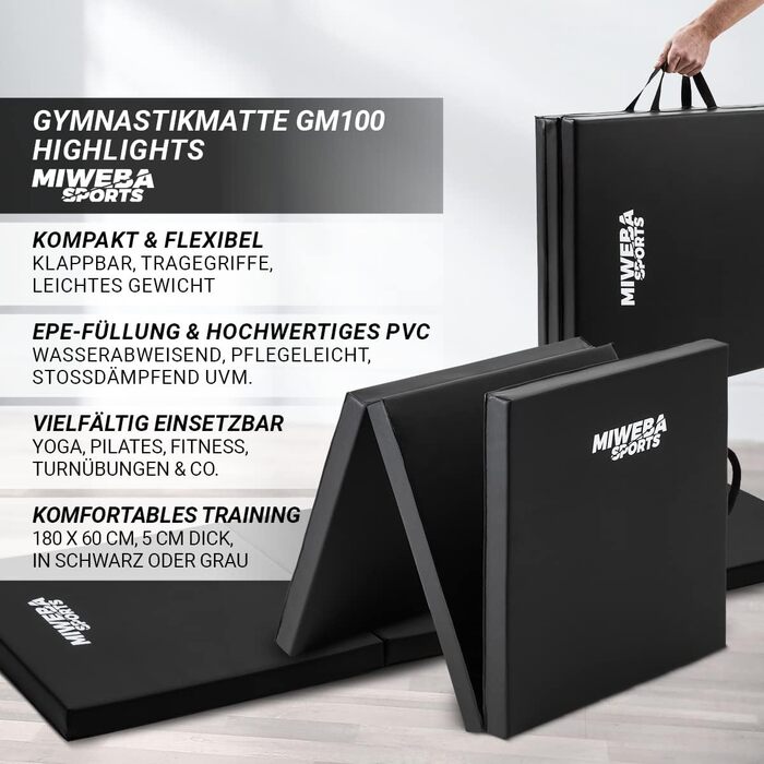 Складаний спортивний гімнастичний мат Miweba GM100 180x60x5 см, нековзкий, для фітнесу, йоги та тренувань, чорний