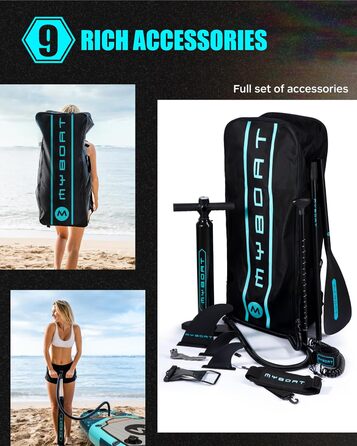 Надувне SUP-борд MYBOAT 30,5 x 86,4 x 15,2 см для риболовлі та відпочинку, з аксесуарами: 3 фінки, двосторонні еластичні шнури, кріплення для камери, ручна помпа, весло, водонепроникний мішок 5 л, мотузка