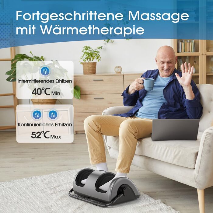 Електричний масажер для ніг TISSCARE Shiatsu з підігрівом, розминанням, роликами та натисканням, 360° регульована ручка, для зняття болю, сірий