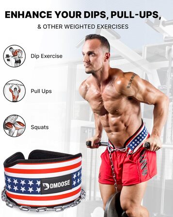 Пояс для важкої атлетики DMoose Dip з 36' сталевою ланцюгом - для підтягувань та присідань, пояс для чоловіків та жінок, з комфортною неопреновою підтримкою