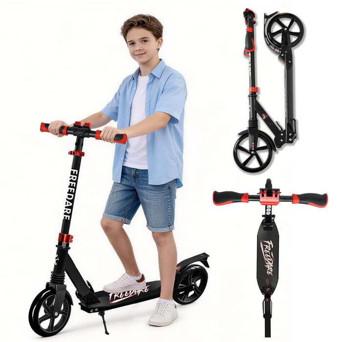 Самокат FREEDARE Cityroller складний для дітей та дорослих, колеса 200 мм, до 100 кг (Чорно-червоний)