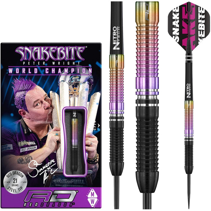 Дротики Red Dragon Snakebite Weltmeister 2020, вольфрамові, з оперенням і стрижнями