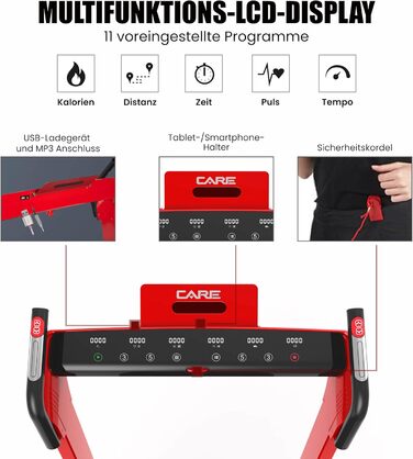 Бігова доріжка Care Fitness з мотором, складана, електрична, з моторизованим нахилом, LCD-дисплеєм і підтримкою додатка Kinomap для дому