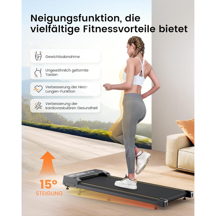 Біговий доріжка для дому з нахилом, 1-6 км/год, Walking Pad з регулюванням нахилу, 2.5 PS, стіл для бігу, тиха з LED-дисплеєм та пультом керування, чорний