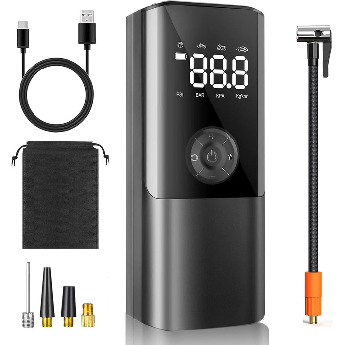Електричний насос Viafexna 6000mAh, 150 PSI, з манометром для авто, велосипедів, м'ячів, матраців, лампа та Powerbank