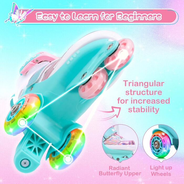 Дитячі ролики для дівчаток, 4 розміри, регульовані, безпечні, з дихаючим верхом, для початківців (XS: 25-27.5 EU)