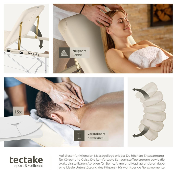 Масажний стіл Tectake® 3 зони, складаний, з регулюванням висоти, алюмінієвий, з аксесуарами (підголовник, підлокітники, сумка) - бежевий