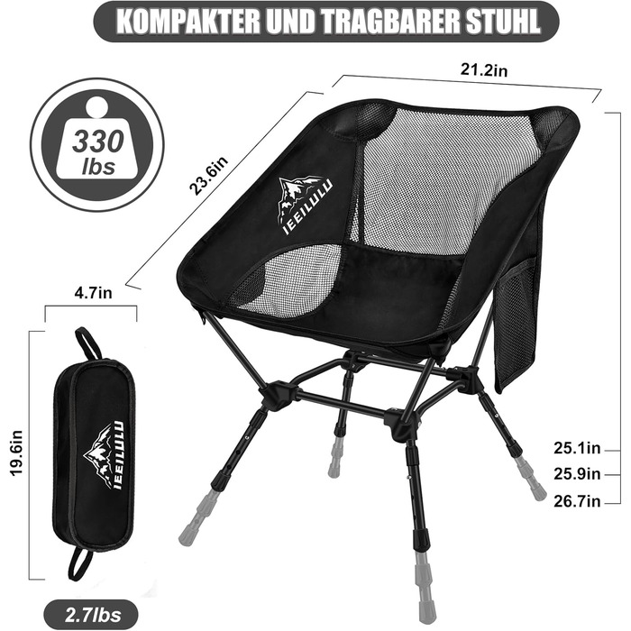Складний туристичний стілець IEEILULU, 130 кг, чорний. Легкий стілець для кемпінгу, пікніка, риболовлі, відпочинку на природі та подорожей.