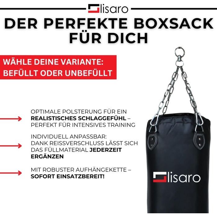 Боксерський мішок Lisaro Profi Boxsack 120x35 см для боксу, кікбоксингу та MMA, штучна шкіра (вініл), чорний, без наповнення
