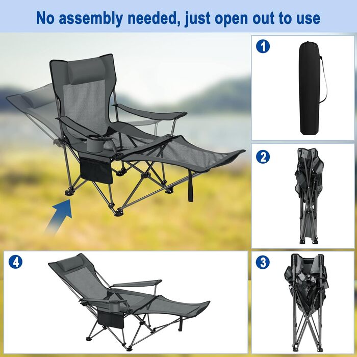 Складний стілець для кемпінгу eSituro: рибальський, пляжний з підставкою для ніг та тримачем для напоїв, сірий