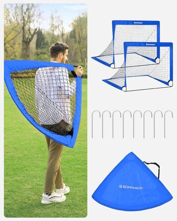 SONGMICS Ворота для футболу дитячі, 2 шт., Pop-up, 90x120x90 см, швидкий монтаж, для саду, парку, пляжу, стійки з скловолокна, Oxford-тканина та поліестерна сітка (блакитні)