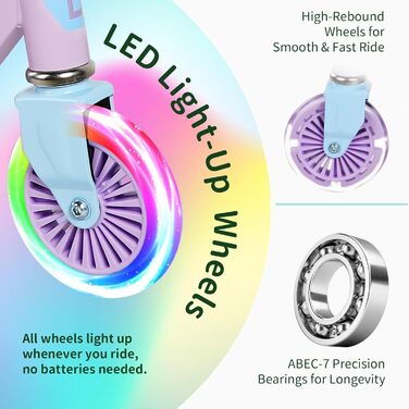 Самокат дитячий BELEEV V2 з LED колесами, регульованою висотою, гальмом, фіолетовий для хлопчиків та дівчаток 4-12 років