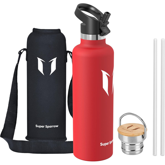 Фляга Super Sparrow з нержавіючої сталі - 350мл/500мл/620мл/750мл/1л - Термос-фляга, не протікає, без BPA - Фляга для дітей, для газованої води, спорту, школи, фітнесу - З 2 кришками (1000 мл, Lava)