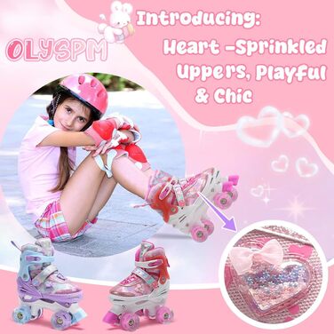 Роликові ковзани для дівчаток Rollkate Kid з блискучими сердечками та світлодіодами, регульовані 4 рази, ідеальні для початківців, подарунок на день народження або Різдво (рожеві)