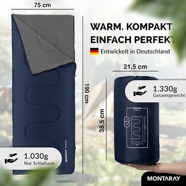 Спальний мішок туристичний з капюшоном до -3°C з подушкою - Outdoor зимовий та літній спальний мішок 3-4 сезони (75 x 220 см) - Гірський спальний мішок для жінок та чоловіків (теплий) Синій 150GSM, без капюшону