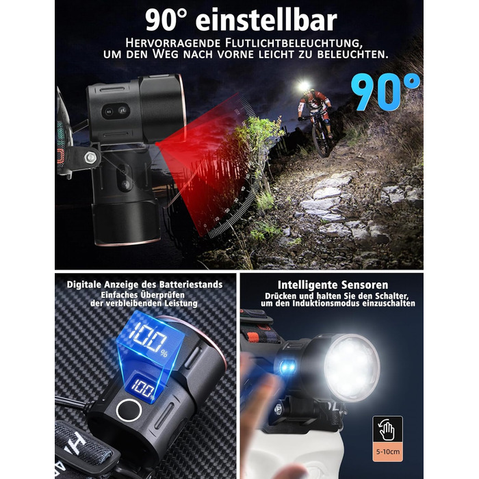 Ліхтар на лоб ASORT LED 120000 Lumen, перезаряжається, 4 режими, водонепроникний IP67, для кемпінгу, риболовлі та активного відпочинку