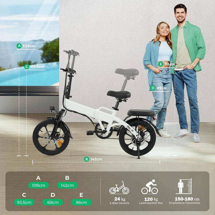 Складаний електровелосипед Finbike 16 дюймів, 7.8А·год акумулятор, захист від крадіжки, швидка зарядка 2.6 год, мотор 250Вт, 3 режими їзди, регульована висота сидіння, запас ходу до 55 км, для чоловіків та жінок