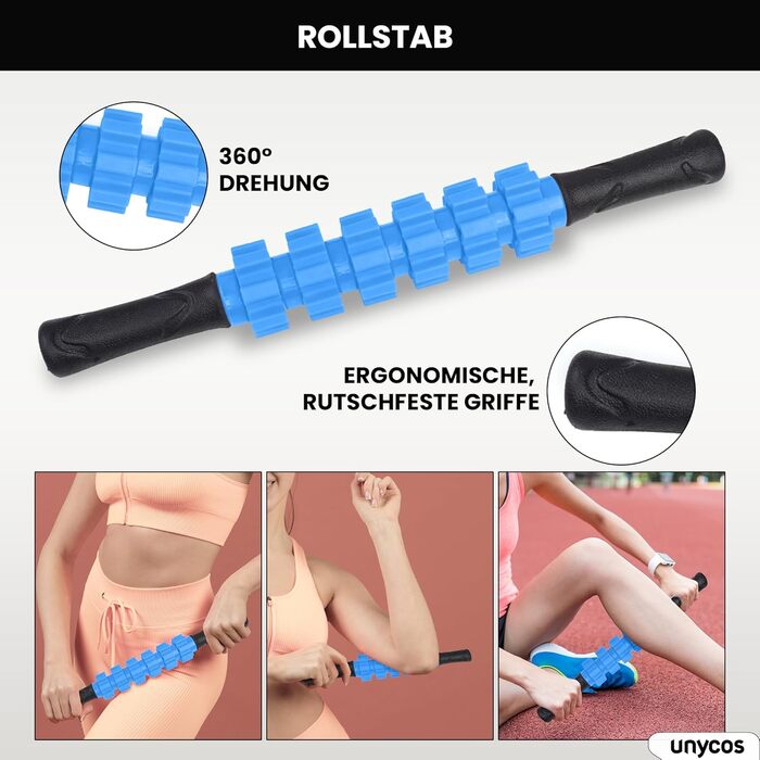 Набір для масажу фасцій Unycos: ролер, стрічка, м'яч, стік та фітнес-стрічки (120 кг)