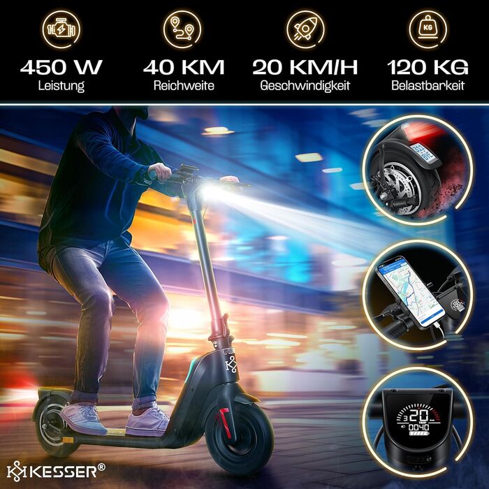 Електросамокат KESSER з дорожнім допуском, 40 км, складаний, 36В 10Аг, мотор 450Вт, навантаження до 120кг, 10