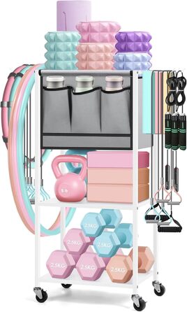 Стойка для гантелей для дому, багаторівнева полиця для зберігання, органайзер для йога-килимка та фасційного ролика, аксесуари для тренувань з роликами та гачками, білий