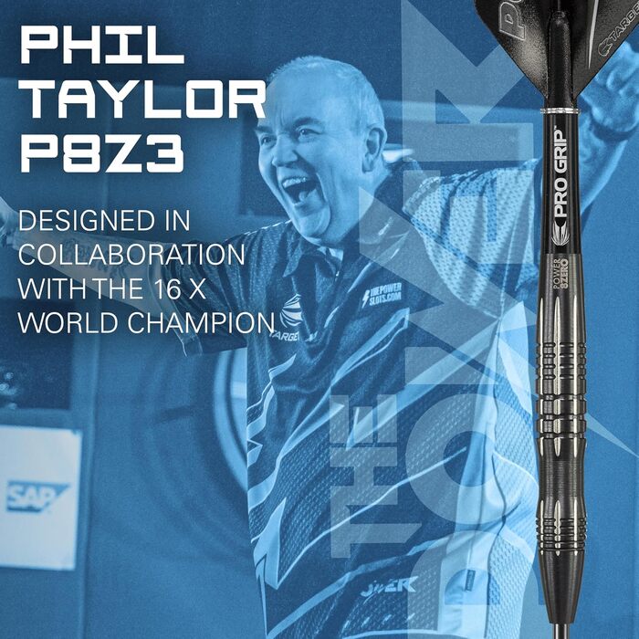 Професійні дартси Target Phil Taylor Power 8-Zero 1, 80% вольфрам, 21/23/25 г, зі сталевими наконечниками, чорний, з кейсом
