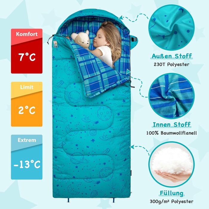 Сплячий мішок KingCamp для дітей, фланелевий, легкий, водонепроникний, компактний, зимовий, 4 сезони, для кемпінгу, підходить для дітей до 140 см, комфортна температура: 7°C (Блакитний L)