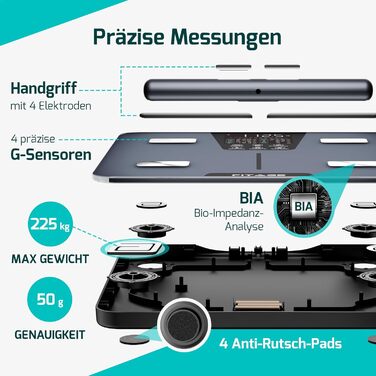 Цифрова вага-аналізатор тіла Testsieger 2025, вага до 225 кг, вимірювання жиру та м'язової маси (17 показників), аналіз тіла через додаток, великий LED-дисплей, білий колір (з ручкою)