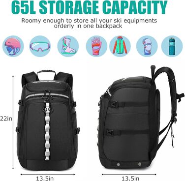 Чохол для лижних черевиків з відділенням для шолома, 65L, нейлон, рюкзак для лиж, роликів, ковзанів, чорний