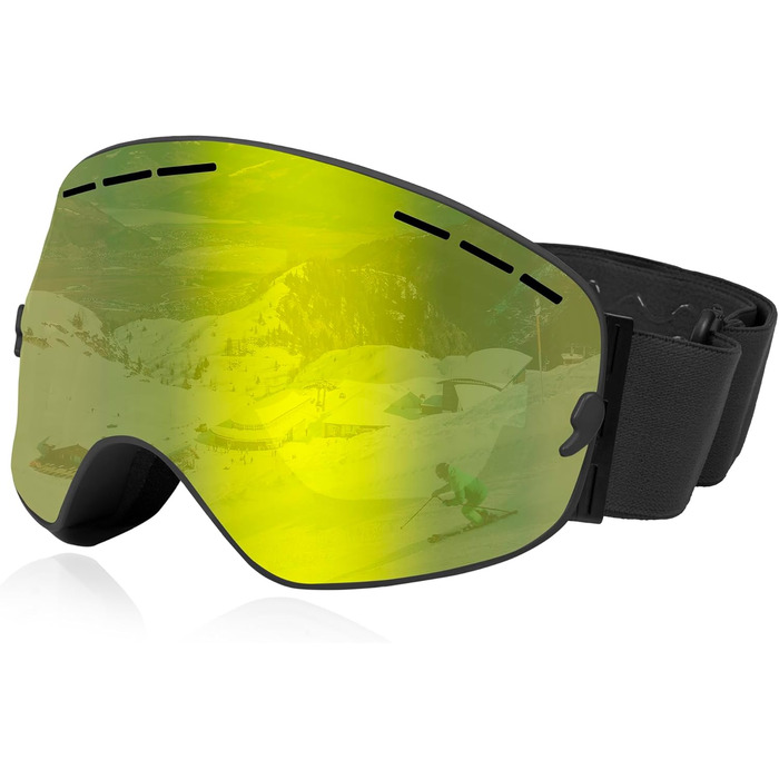 Окуляри для сноубордингу та гірськолижного спорту Queshark з подвійною сферичною лінзою, захист UV400, антизапітніння та антиблік, сумісні з шоломом, чорно-коричневий (чорно-жовтий)
