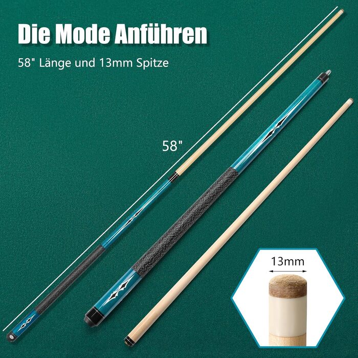 Більярдний кий Pool Queue 58 дюймів з канадського клена, 13 мм наконечник, для професійних гравців, 1/2 Maple, 18oz (блакитний)