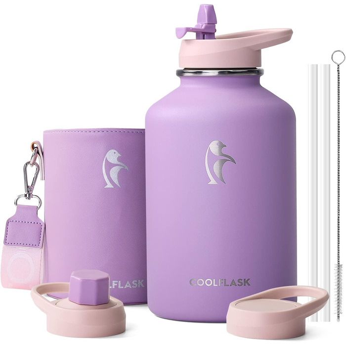 Пляшка для води Coolflask 2 л з нержавіючої сталі з PU-чохлом, з трубочкою, термобутилка для напоїв, зберігає холод 48 годин, тепло 24 години, фіолетова