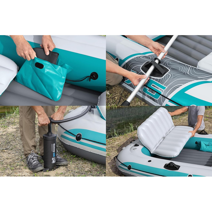 Надувний човен Bestway Hydro-Force Adventure Elite X5, 5-місний, з насосом, веслами, сидіннями, сумкою для спорядження, 364x166x45 см, бірюзово-сірий