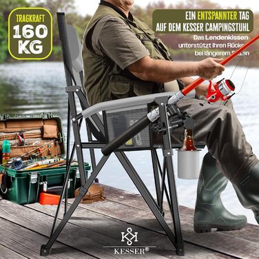 Крісло для кемпінгу KESSER® з високою спинкою, 160 кг, з підлокітниками, кишенею для напоїв та світлом, сіре/чорне