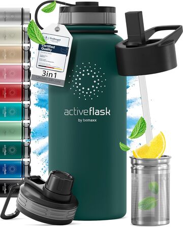 Термос-бутилка з нержавіючої сталі ACTIVE FLASK 950 мл, з трубочкою, 3 кришки, без BPA, герметична, підходить для газованої води, спортивна, для дітей та дорослих, темно-бірюзова