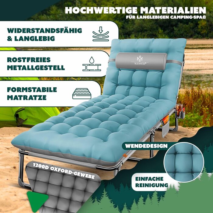 Кемпінгове ліжко KESSER® складне, 190 x 68 x 30 см, до 250 кг, з Oxford тканини та сталевим каркасом + сумка, подушка, кишеня та тримач для напоїв, сіре/кам'яно-блакитне