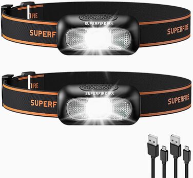 Налобний ліхтар SuperFire LED, 2 шт., перезаряджається USB, з червоним миготком, 5 режимів, регульований, для дорослих та дітей, біг, рибалка, кемпінг, водонепроникний, чорний