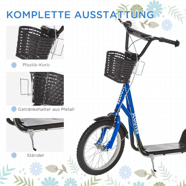 HOMCOM Дитячий скутер Скутер Kick Scooter з регулюванням висоти гальмівного кошика для 5-12 дитячих самокатів Kickboard Алюмінієвий сплав Гума Синій+Чорний | Аосом