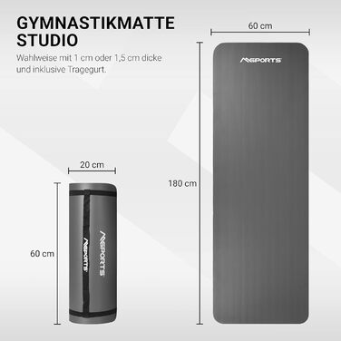 Гімнастичний килимок MSPORTS 183x61x1,5 см, антрацитовий, фітнес-йога, без фталатів, м'який, з ременями та постером