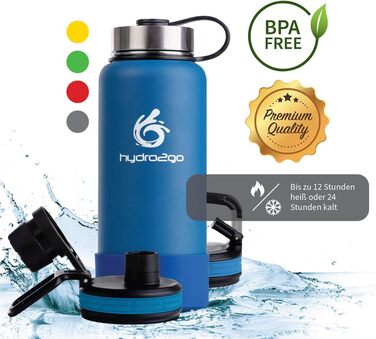Герметична термос-пляшка з нержавіючої сталі hydro2go X-AlpsBottle 1 л, вакуумна ізоляція, 3 кришки, подвійні стінки, спортивна пляшка для напоїв, блакитна