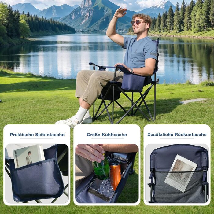 Крісло для кемпінгу складне RELAX FIELD 200 кг з підстаканником та сумкою-холодильником. Рибальське крісло, складане, з високою спинкою, блакитне.