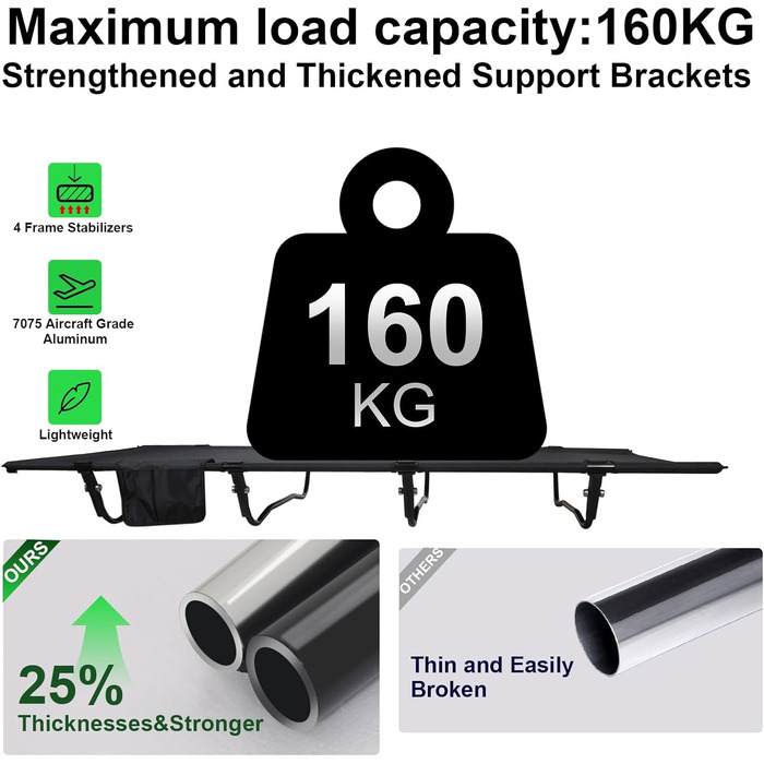 Легке туристичне ліжко для кемпінгу, 160 кг, чорне. Розкладне, портативне, для відпочинку на природі, вдома, в горах, на дачі.