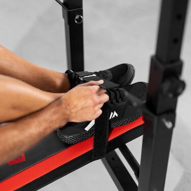 Hop-Sport Складана лава для тренувань з штанготримачем та турніком, для пресу та силових тренувань вдома, до 250 кг