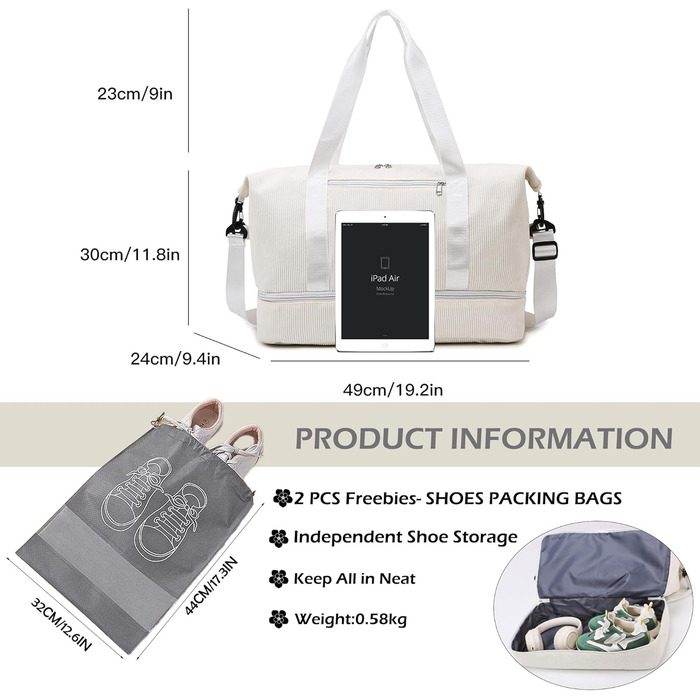 Спортивна сумка-рюкзак для жінок, 35л, Weekender, для подорожей та тренувань, з відділенням для взуття та мокрих речей, бежева