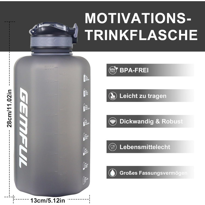 Фляга для води GEMFUL 2.2 л з трубочкою, велика спортивна пляшка з маркуванням часу, BPA-free, для фітнесу, велосипеду, активного відпочинку та роботи (Сіра)