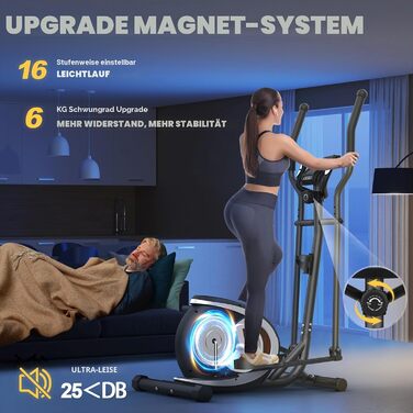 Еліптичний тренажер для дому Crosstrainer: 16 рівнів навантаження, Bluetooth-підключення до додатка, LCD-дисплей та пульсометр (Чорний, Classic Monitor)