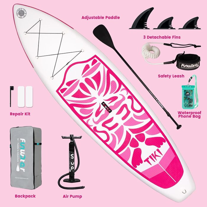 Надувний SUP (Stand Up Paddle Board) FunWater 10'6' & 11'6' з аксесуарами: весло, насос, рюкзак, плавники. Підходить для будь-якого рівня майстерності. Колір: Рожевий (Tiki).