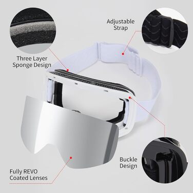 Скі-маска для дорослих (чоловіків та жінок) YH227, сноуборд маска для носіння з окулярами, Anti Fog OTG, захист від сонця UV, антиковзне наголов'я, повне REVO-дизайн, білий/сріблястий, VLT 13%