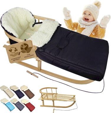 Дерев'яні санки BambiniWelt з підніжкою та тяговим тросом + зимовий чохол для ніг 108 см – тепла вовна, водовідштовхуючі – комбінований набір для дитячої коляски та візка Чорний
