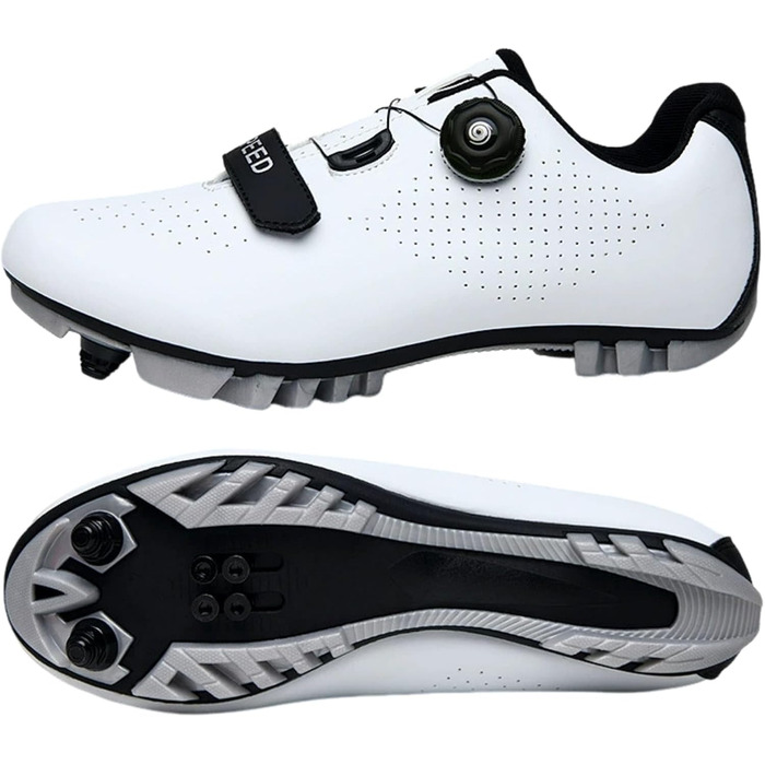 Велотуфлі MTB SPD: чоловічі, жіночі, унісекс. Дихаючі велотуфлі для гірського велосипеда з SPD кріпленням, підошвою з шипами та ременями. Розміри EU 36-47. Білий колір.